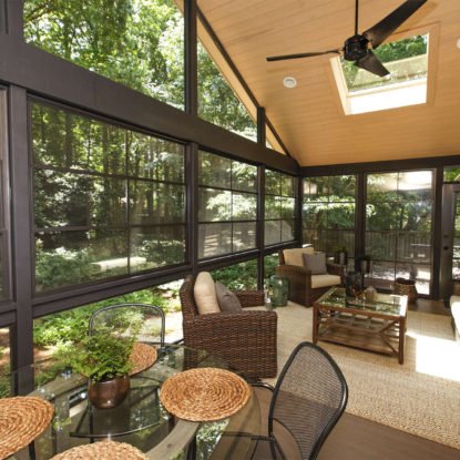 sun room with wood cieling and seating